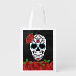 Day of the Dead Red Turquoise Sugar Skull Grocery Bag