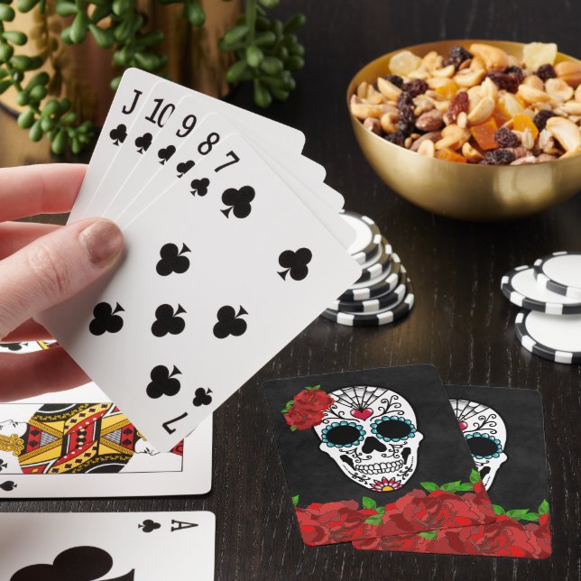 Day of the Dead Red Turquoise Sugar Skull Poker Cards (In Situ)