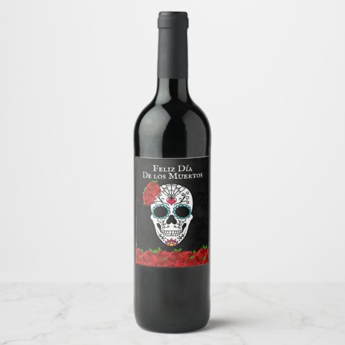 Day of the Dead Red Turquoise Sugar Skull Wine Label