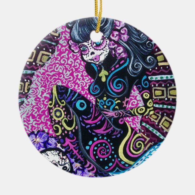 Day of the Dead Retro Mermaid Ceramic Ornament (Front)