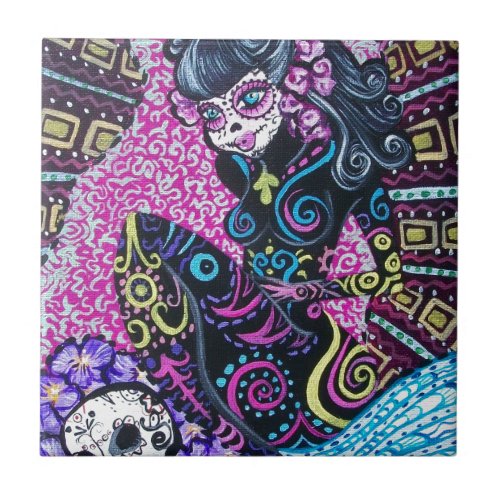 Day of the Dead Retro Mermaid Ceramic Tile