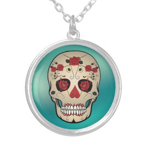 Day of the Dead Rose Skull Pendent Silver Plated Necklace