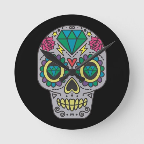 Day of the Dead Roses and Crystal Skull on Black Round Clock