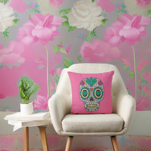 Day of the Dead Roses and Crystal Skull on Pink Throw Pillow