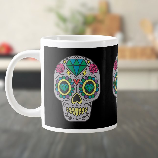 Day of the Dead Roses and Crystal Skulls on Black Giant Coffee Mug (Creator Uploaded)