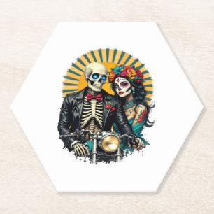 Day of the Dead Skeleton Couple Bikers Paper Coaster