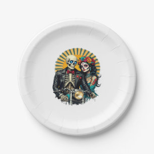 Day of the Dead Skeleton Couple Bikers Paper Plates