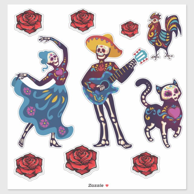 Day of the Dead Skeletons and Animals   Sticker (Sheet)