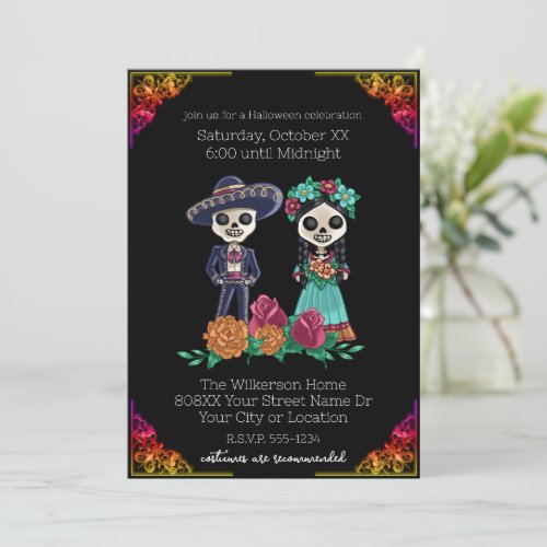 Day of the Dead Skeletons on Black Halloween Party Invitation