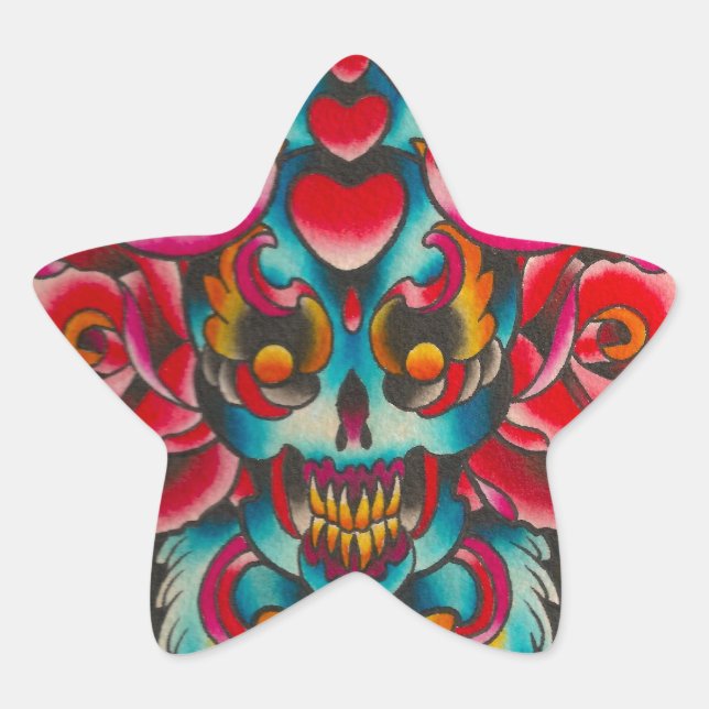 Day of the Dead Skull and Birds Star Sticker (Front)