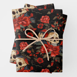 Day of the Dead Skull and red Roses Wrapping Paper Sheets