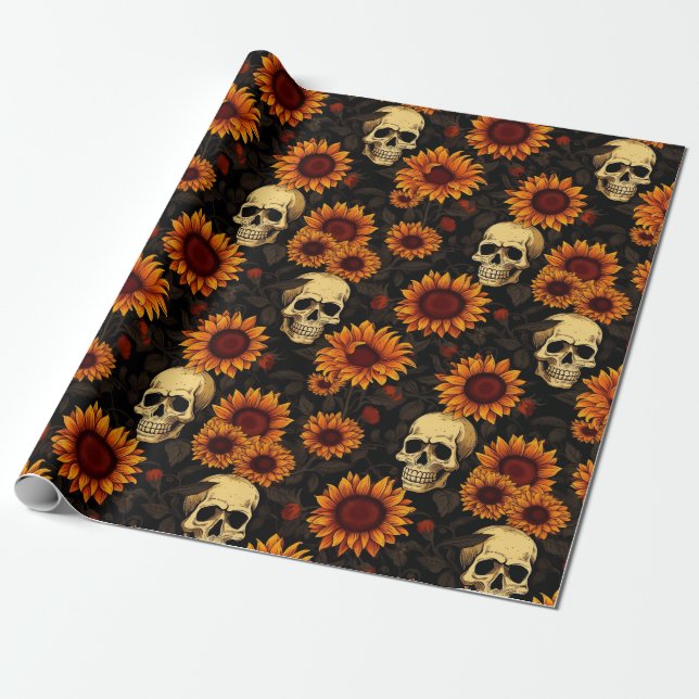 Day of the Dead Skull and Sunflowers Wrapping Paper (Unrolled)