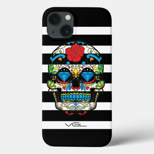 Day Of The Dead Skull Black  White Stripes iPhone 13 Case