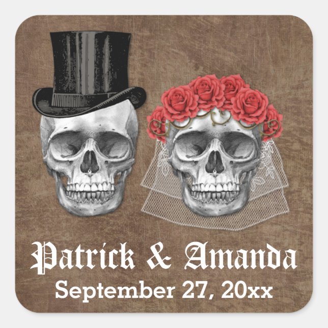 Day of the Dead Skull Couple Wedding Favor Square Sticker (Front)