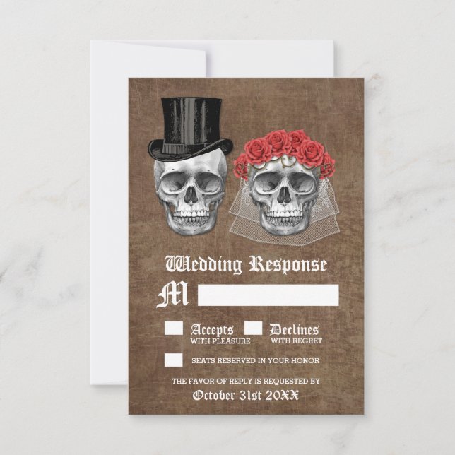 Day of the Dead Skull Couple Wedding RSVP Cards (Front)