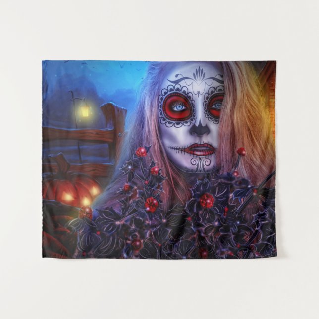 Day of the Dead Skull Girl and Jack-o-lanterns Tapestry (Front (Horizontal))