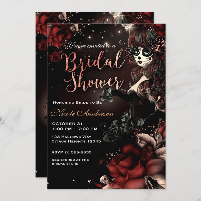Day of the Dead Skull Girl Red Black Bridal Shower Invitation (Front/Back)