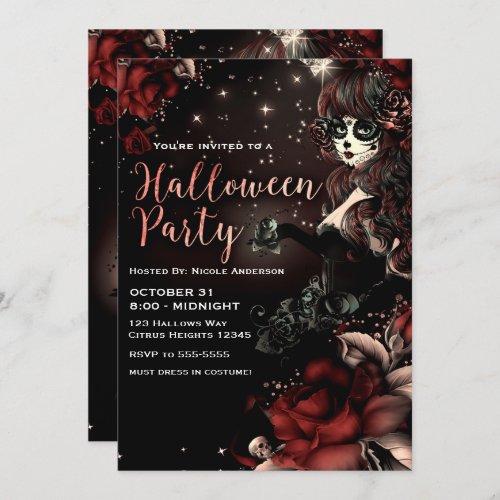 Day of the Dead Skull Girl Red Halloween Party Invitation