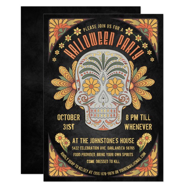 Day Of The Dead Skull Halloween Party Invitations
