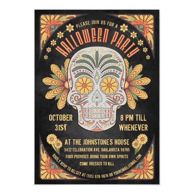 Day Of The Dead Skull Halloween Party Invitations