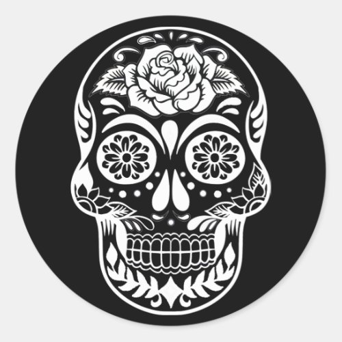 Day of the dead skull in modern black and white classic round sticker