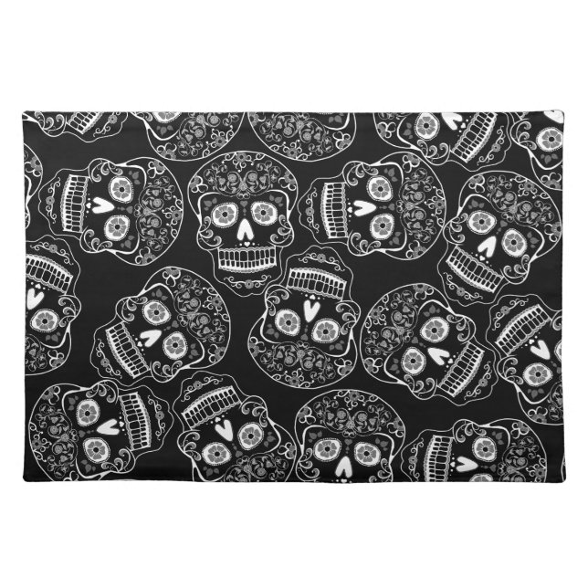Day of the Dead Skull Pattern in Black and White Cloth Placemat (Front)