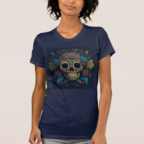 Day of the Dead Skull Turquoise Navy Blue Womens T_Shirt