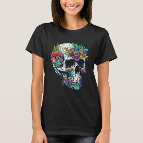 Day Of The Dead Skull With Colorful Flowers Flower T_Shirt