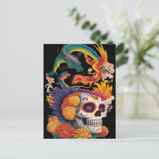 Day Of The Dead Skull With Dragon And Phoenix Postcard (Standing Front)