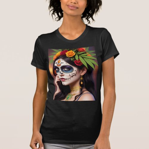 Day of the Dead Skull with Floral Headdress Women T_Shirt