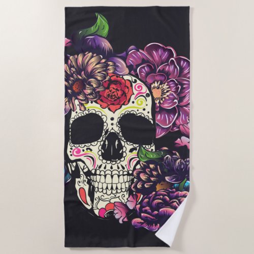 Day of the dead skull with flowers beach towel