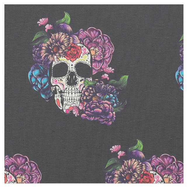 Day of the dead skull with flowers fabric (Close Up)