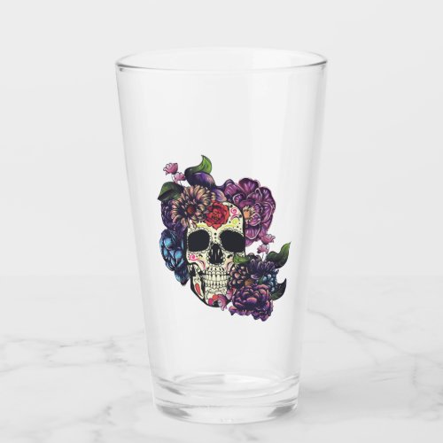 Day of the dead skull with flowers glass