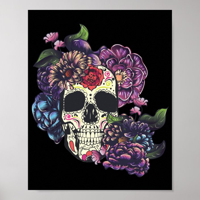 Day of the dead skull with flowers poster