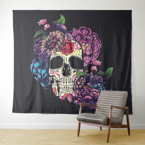 Day of the dead skull with flowers tapestry
