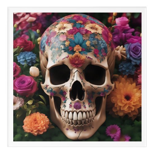 Day of the Dead Skull with Gold Rose Flowers  Acrylic Print