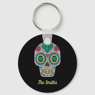 Day of the Dead Skull with Rose and Crystal Keychain
