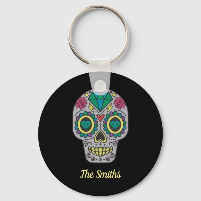 Day of the Dead Skull with Rose and Crystal Keychain (Front)