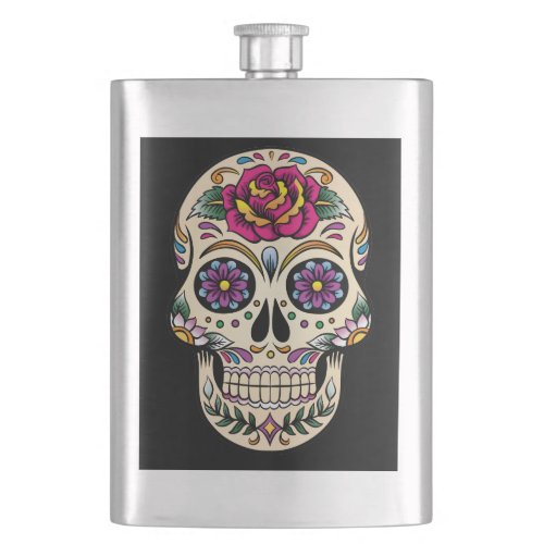 Day of the Dead Skull with Rose Flask