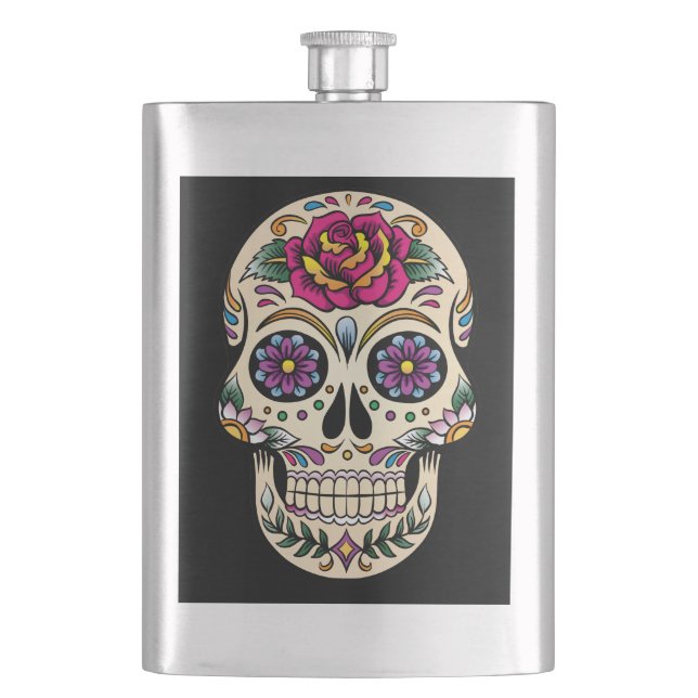 Day of the Dead Skull with Rose Flask (Front)