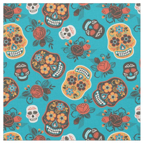 Day of the Dead Skulls Blue  Orange Fabric