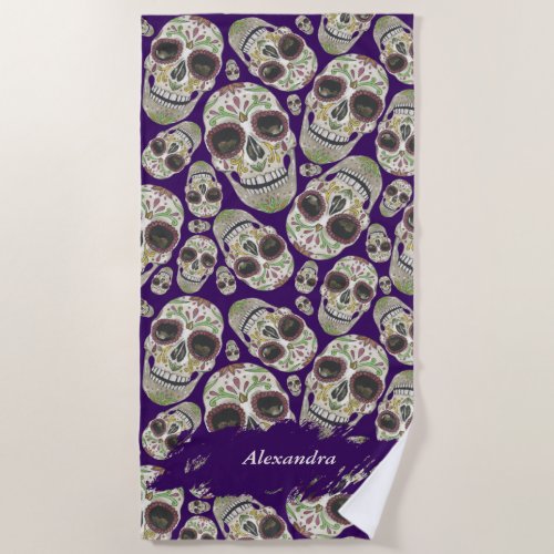 Day of the Dead Skulls Pattern Beach Towel