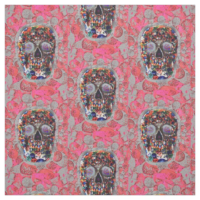 Day Of The Dead Skulls Pink Balloons Pattern Fabric (Swatch)