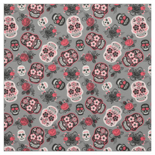 Day of the Dead Skulls Rose & Gray Fabric