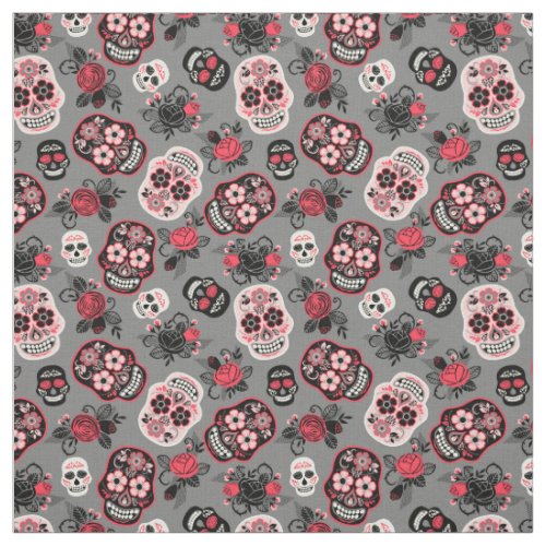 Day of the Dead Skulls Rose  Gray Fabric
