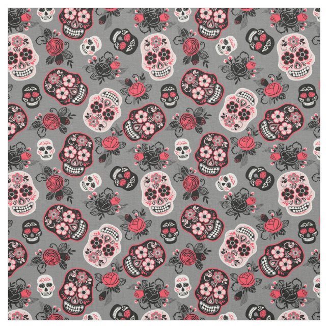 Day of the Dead Skulls Rose & Gray Fabric (Swatch)