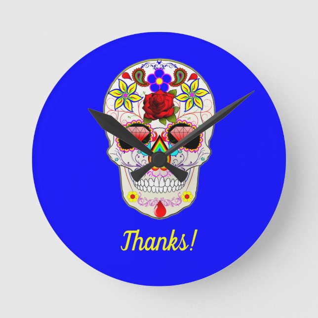Day of the Dead Style Rose Skull on Blue Round Clock (Front)