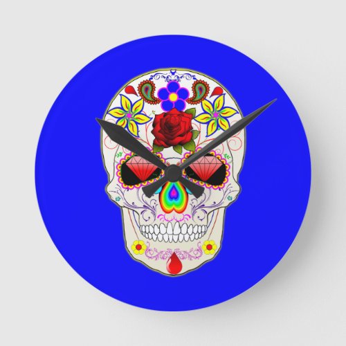 Day of the Dead Style Rose Skull on Blue Round Clock