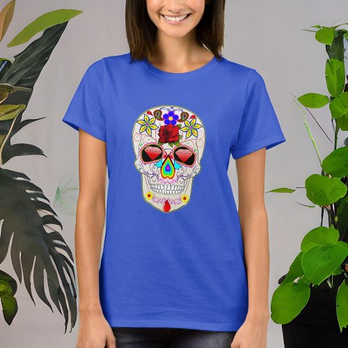 Day of the Dead Style Rose Skull T_Shirt