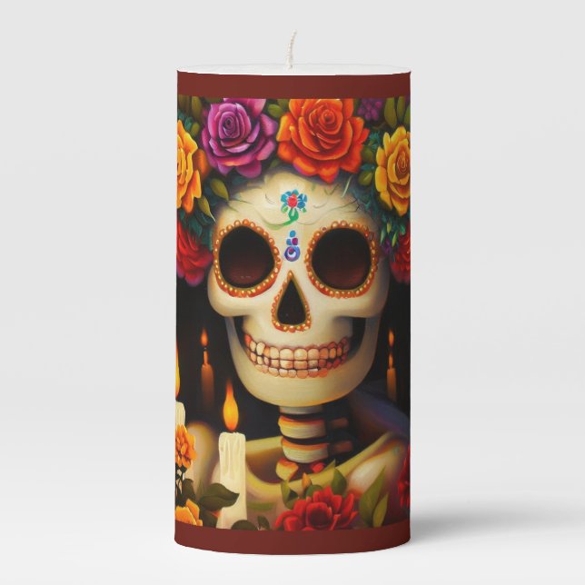 Day of the Dead Sugar Skull 3 Pillar Candle (Front)